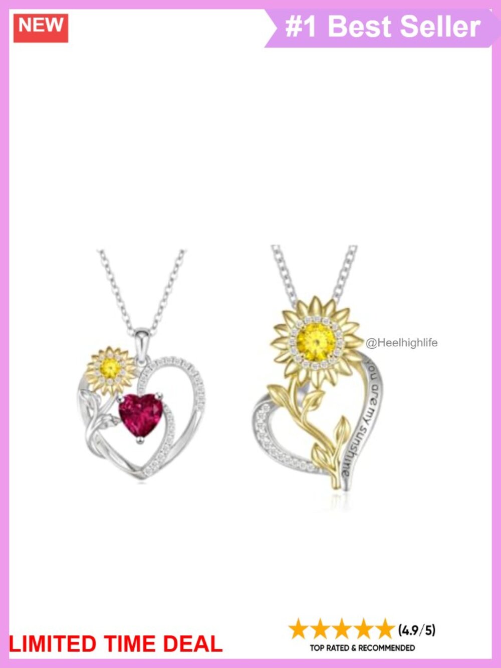 Sterling Silver 14K Gold Plated Sunflower Necklace Set Cubic Zirconia Heart